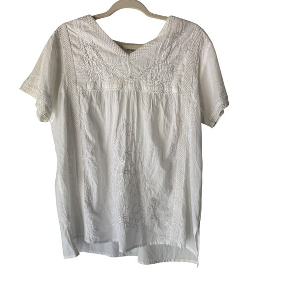 Chic Connection Peasant Shirt 1X White‎ Embroidered Boho Short Sleeve Cotton - Picture 1 of 8